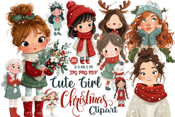 Adorable Cute Girl Christmas Clipart for Festive Designs
