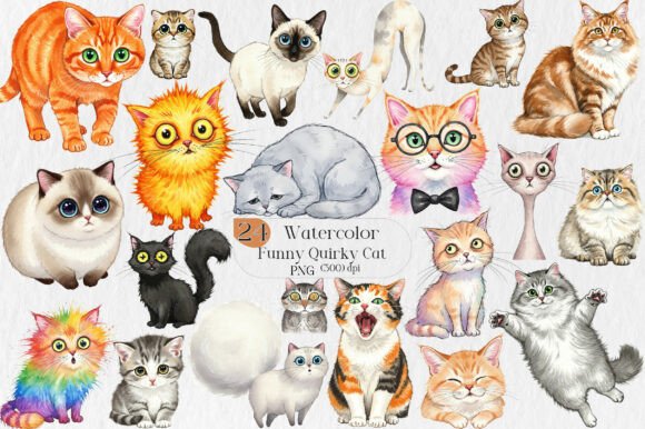 Whimsical Watercolor Cat Clipart for Creative Projects